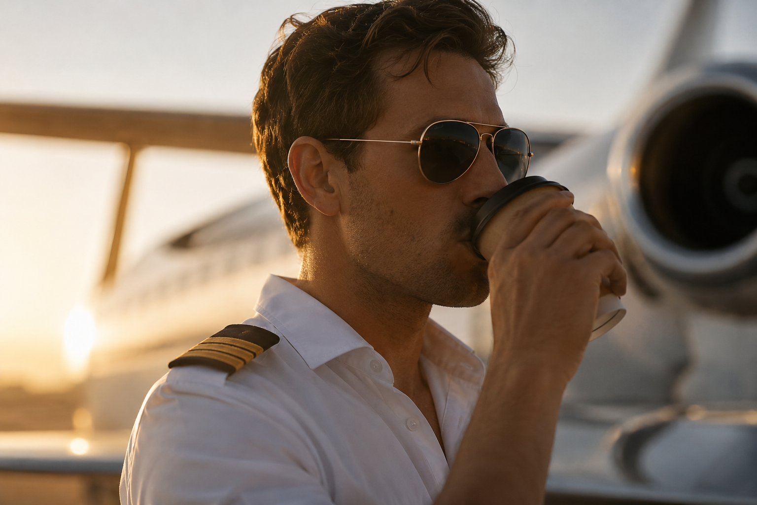Pilot drinking coffee beside aircraft