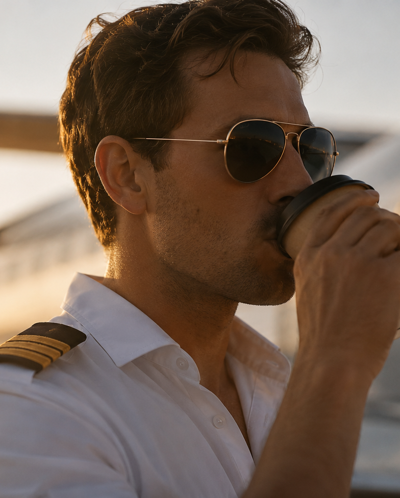 Pilot drinking coffee beside aircraft
