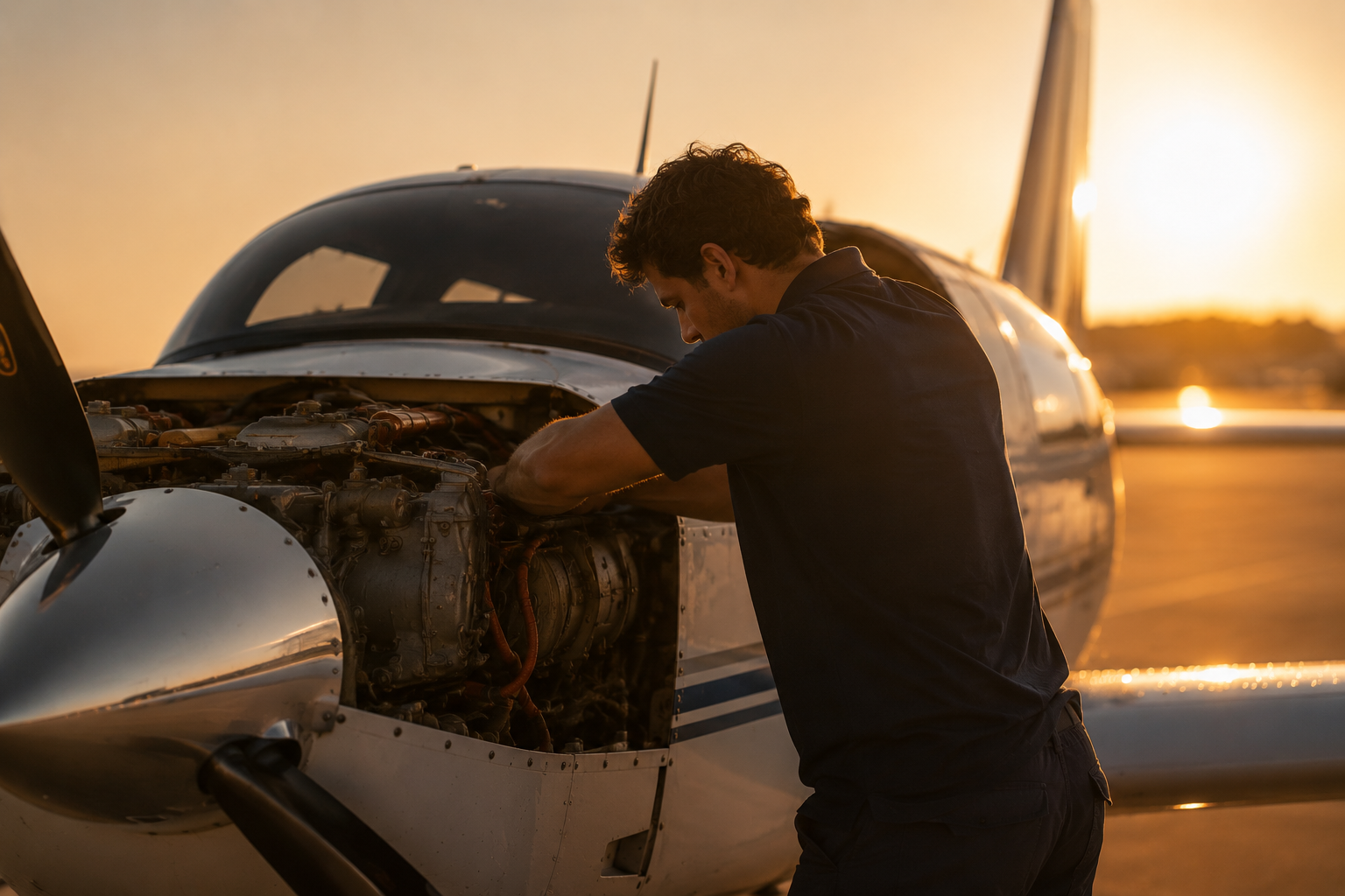 Aircraft maintenance during golden hour