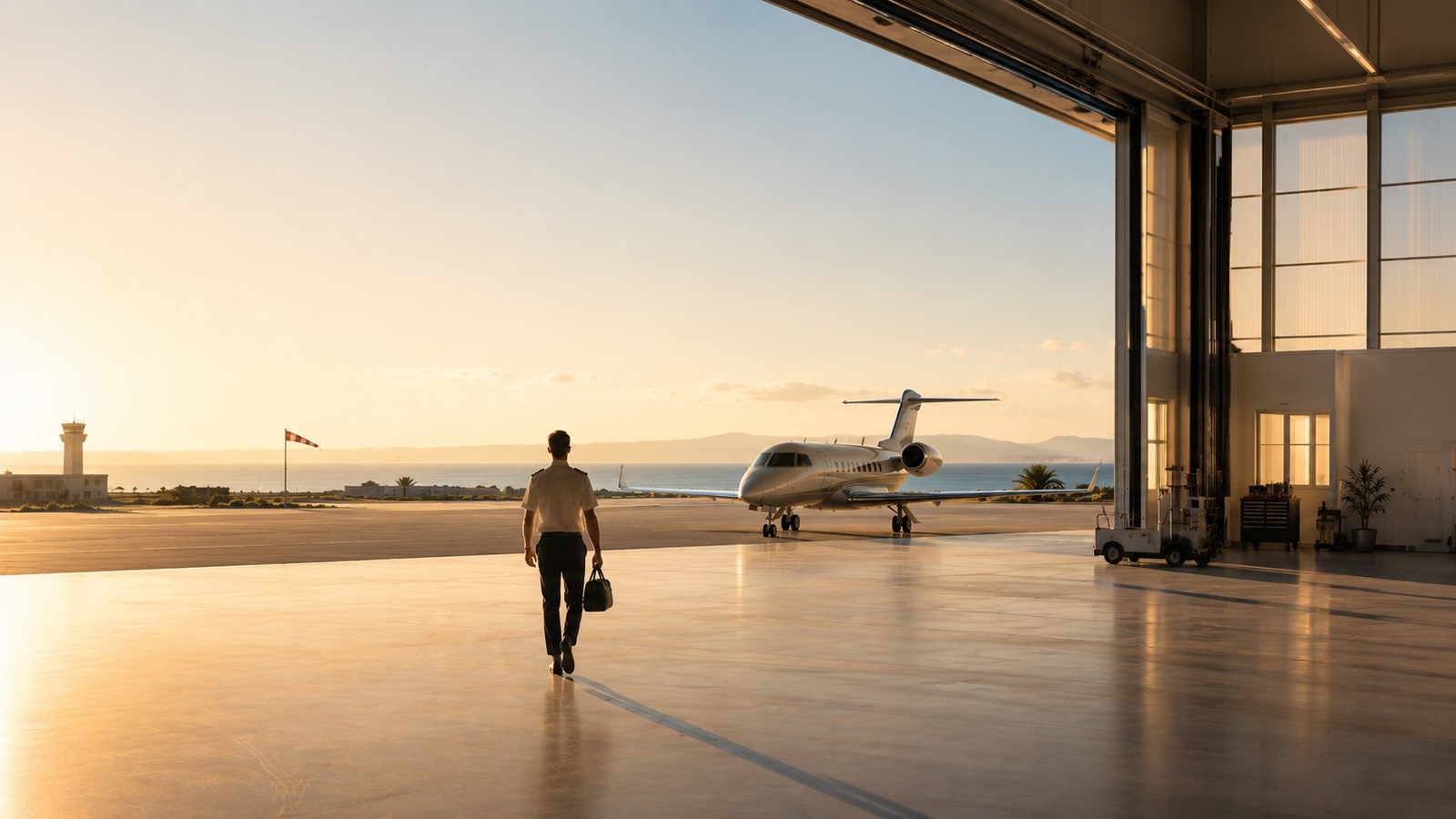 Pilot walking toward aircraft at sunrise